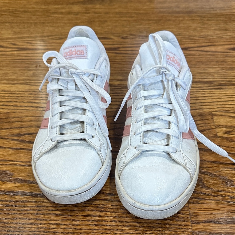 adidas Grand Court Women's White Sneakers with Pink Three-Stripes - Picture 2 of 8